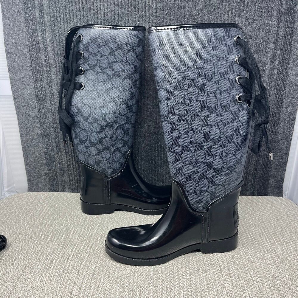 Coach Tristee Tall Rain Boots Rubber Black Signature Print Logo Women’s 7 B - Picture 6 of 9